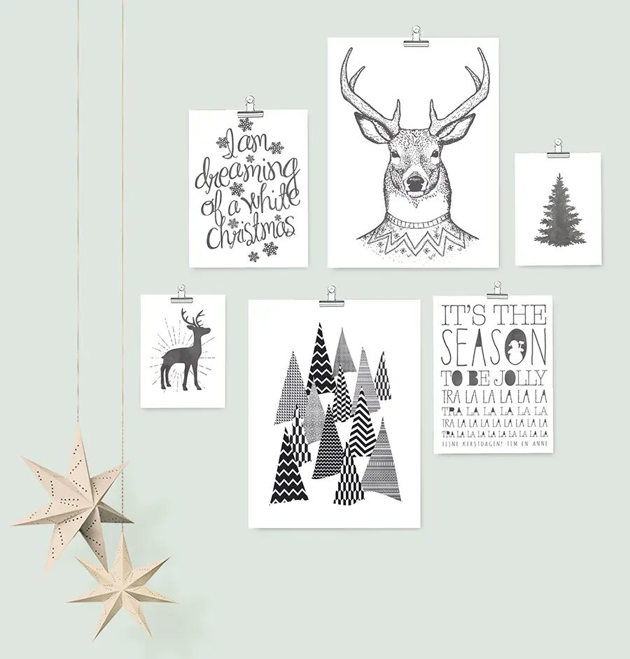 Poster Set zu Weihnachten -6 verschiedene Designs- Schwarz-Weiß Dekoration - Printcandy