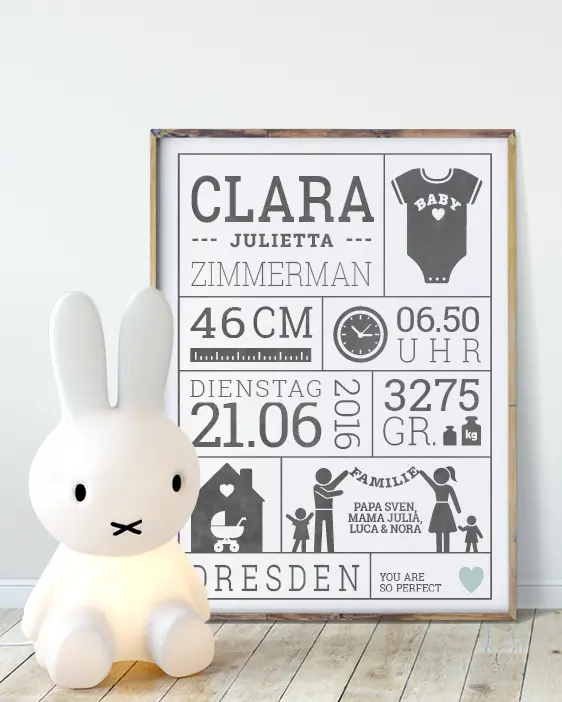 Geburtsposter - Schwarz Weiss - Wanddekoration Babyzimmer - Personalisierter Poster