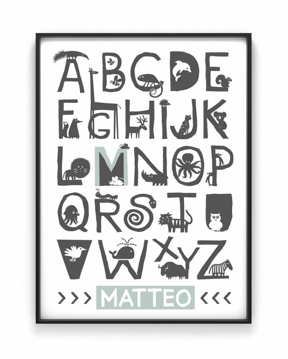 Personalisierter Alphabet Poster Tiere | Personalisiert | Schwarz Weiss mit Minz | Printcandy