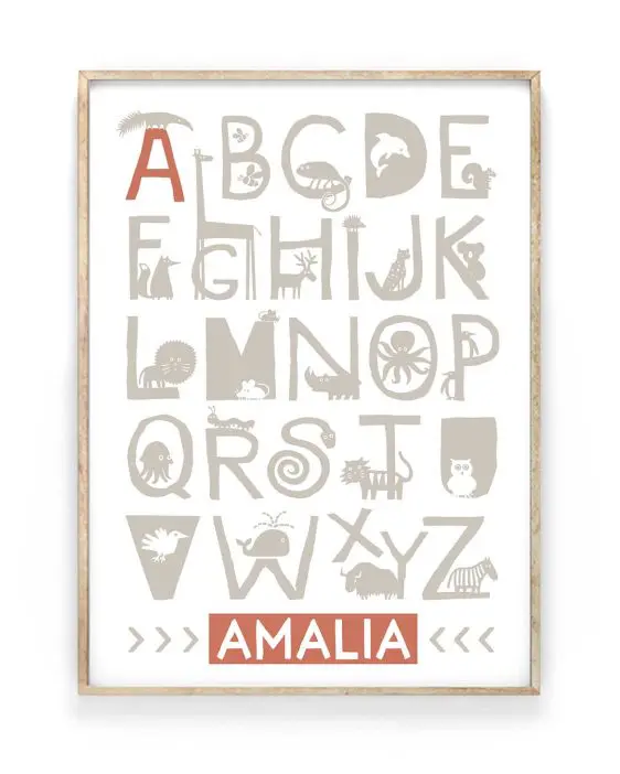 Personalisierter Alphabet Poster Tiere | Personalisiert | Schwarz Weiss mit Rosa | Printcandy