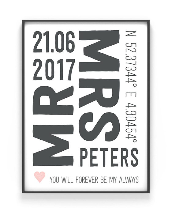 Mr and Mrs Poster | Personalisiert | Schwarz Weiss mit Rosa | Printcandy