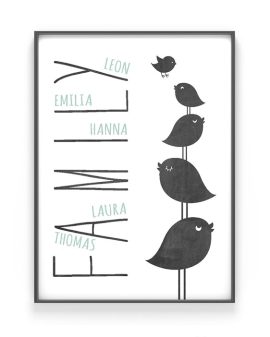 Personalisiertes Familien Poster Birds | Schwarz Weiss mit Minz | Printcandy