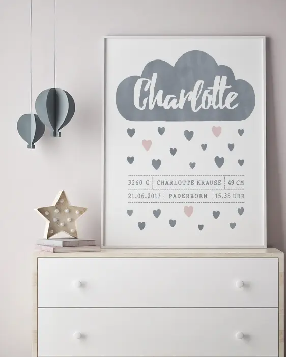 Poster zur Geburt Wolke mit Herzen und den Geburtsdaten - Poster für Kinderzimmer - Printcandy