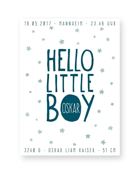 Babyposter Hello Little Boy - Schwarz Weiß Baby Wilkommenposter - Personalisierter Geburtsposter online selber gestalten bei Printcandy