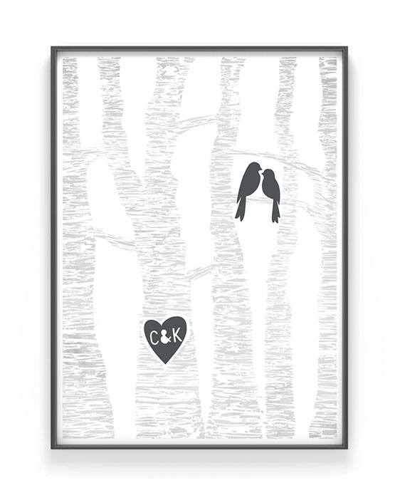 Lovebirds Poster | Personalisierbares Poster mit Bäumen, einem Vogelpaar und die personalisierte Traumpaar Initialien | Printcandy