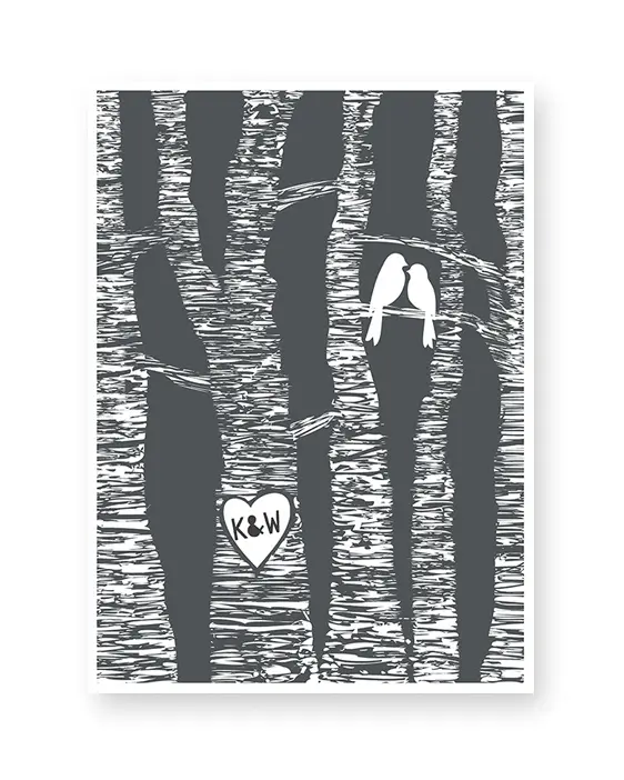 Personalisiertes Lovebirds Poster mit Initialen in eine Baumrinde Herz | Printcandy