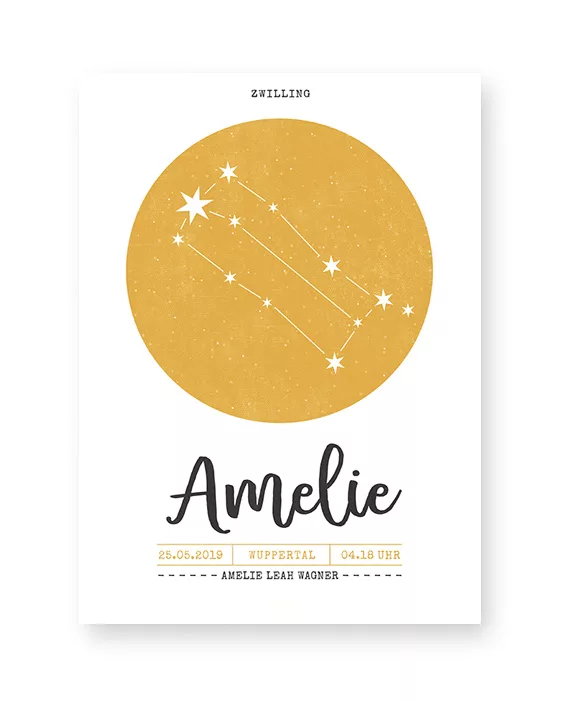 Sternzeichen Poster- Geburtsposter mit Sternbild selbst online mit eigenen Texten und Farben anpassen.