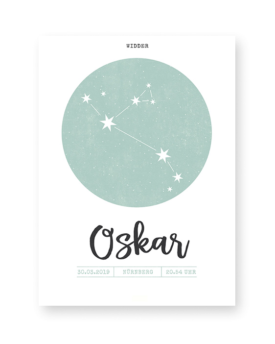 Kinder Sternzeichen Poster mit dem Design des jeweiligen Sternbildes, dem Namen und anderen Geburtsdaten