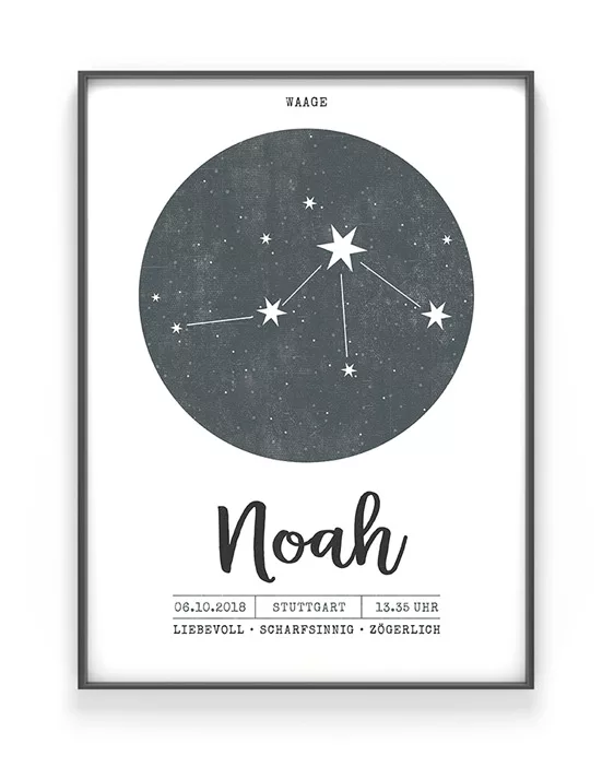 Sternzeichen Poster mit dem Sternbild des jeweiligen Sternzeichens, und dem Namen des Kindes