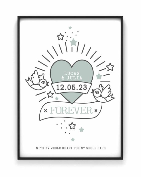 Love Tattoo Poster | Valentin Poster Personalisiert | Schwarz Weiss mit Minz | Printcandy