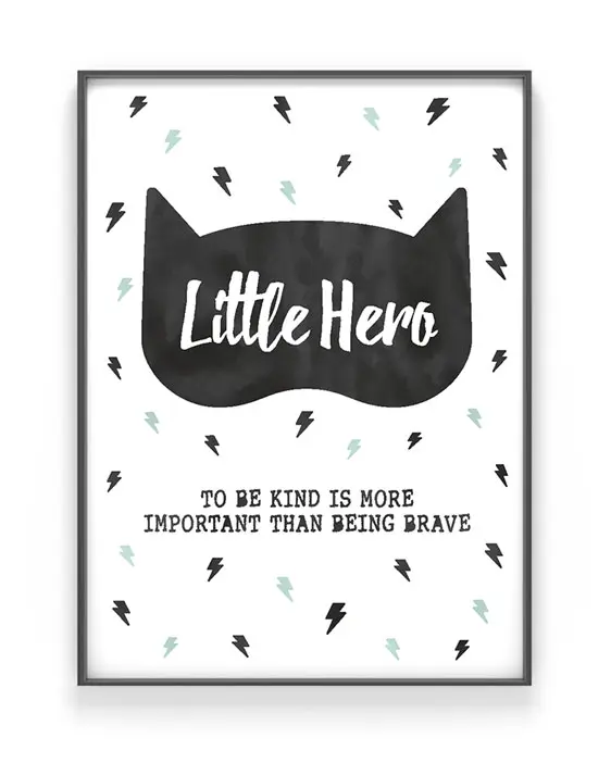 Kinderzimmer Poster | Little Hero | Personalisiert | Schwarz Weiss mit Minz | Printcandy