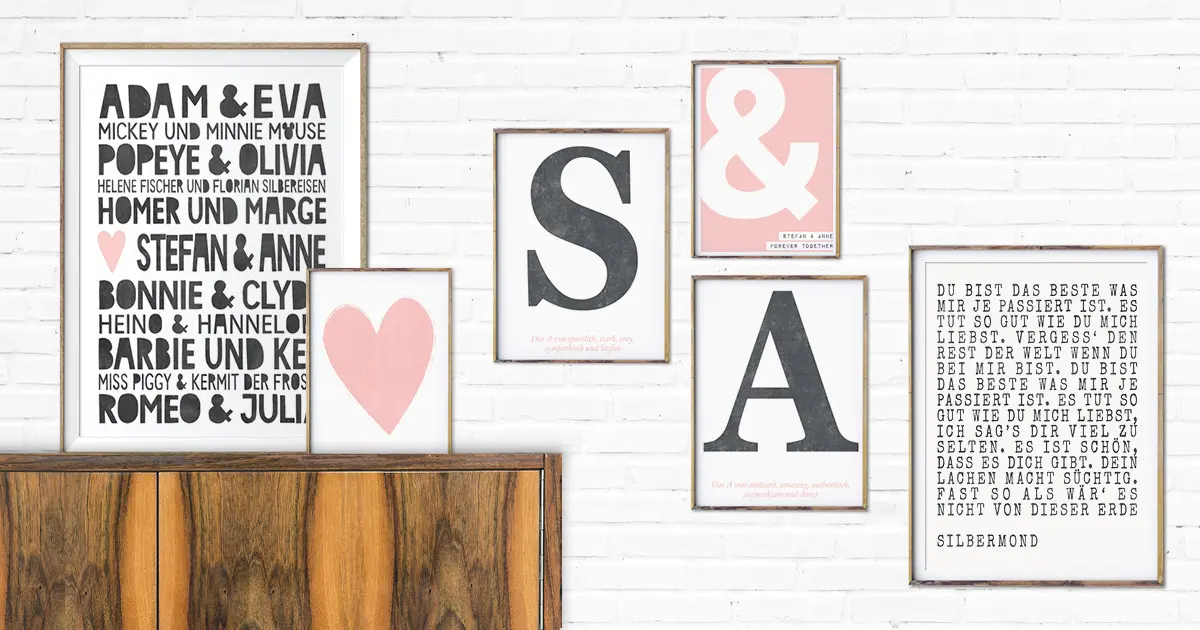 Eine Auswahl an verschiedenen Love Poster Design die sich hervorragend als Geschenk für Freundin oder Frau eignen arrangiert zu einer Wandcollage.