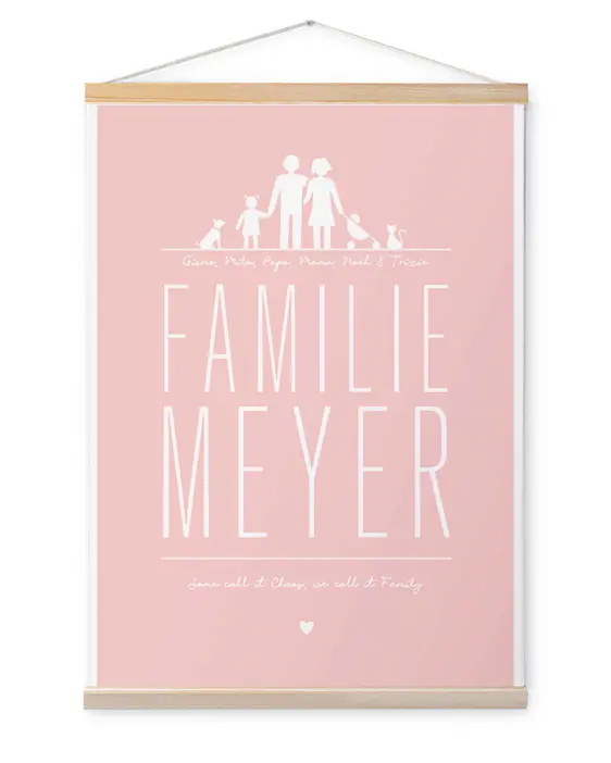 Personalisierte Leinwand mit allen Familienmitgliedern, dem Familien Namen und einem schönen Spruch. Familie auf Leinwand mit Holzaufhängung| Printcandy
