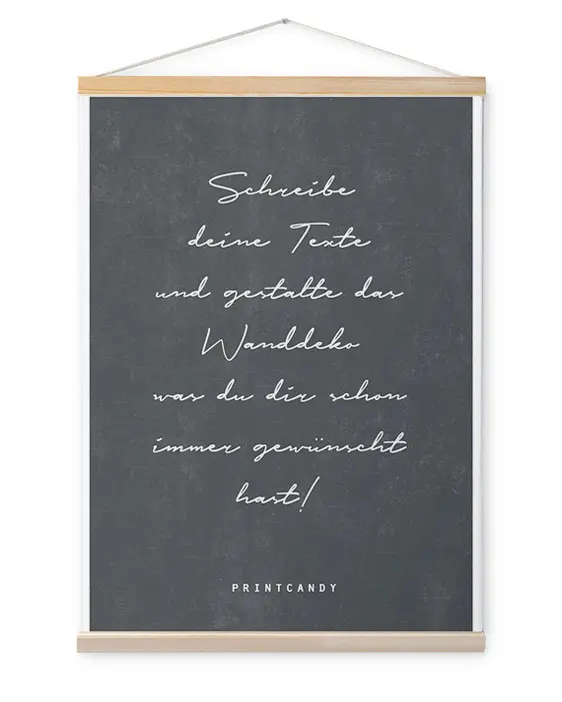 Personalisierte Leinwand mit eigenem Text inkl. Posterhänger aus Holz - schwarz- weiss- printcandy.de