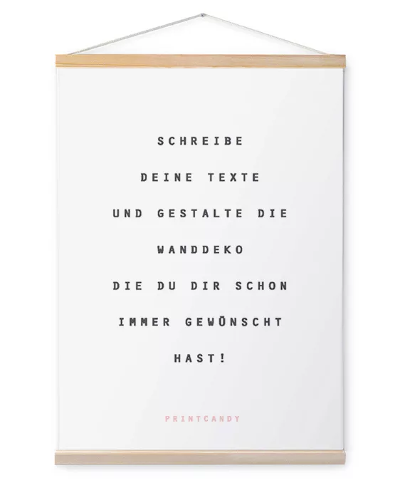 Personalisierte Leinwand mit eigenem Text inkl. Posterhänger aus Holz - weiss- printcandy.de